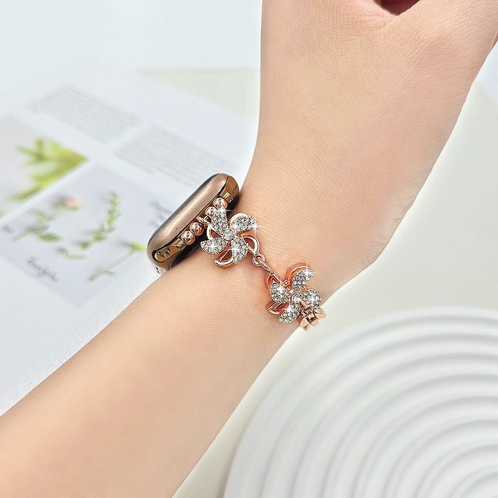 Correa Apple Watch de aleación metálica, flor de loto giratoria, eslabones ajustables a presión, para mujer, modelo Lossia