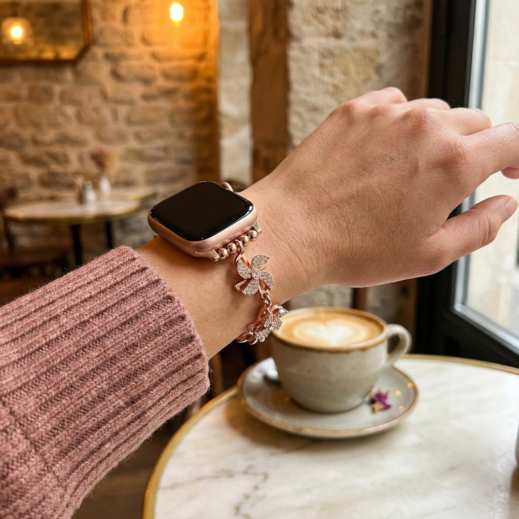 Correa Apple Watch de aleación metálica, flor de loto giratoria, eslabones ajustables a presión, para mujer, modelo Lossia