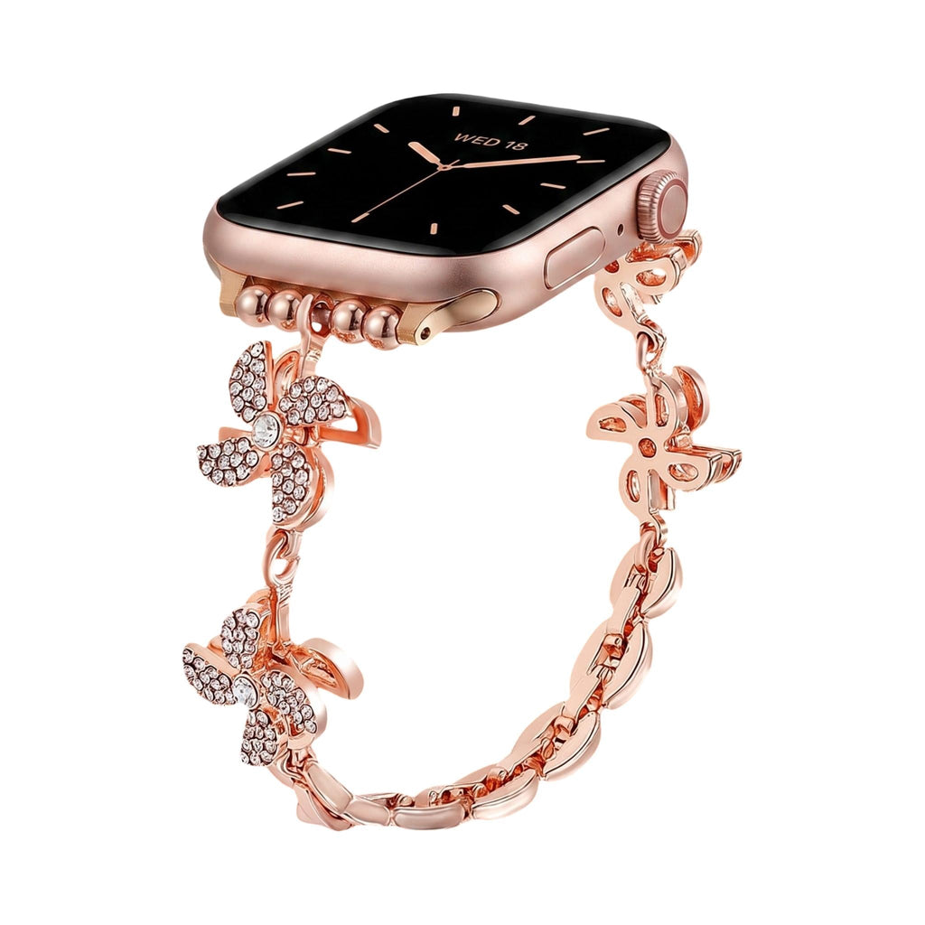 Correa Apple Watch de aleación metálica, flor de loto giratoria, eslabones ajustables a presión, para mujer, modelo Lossia