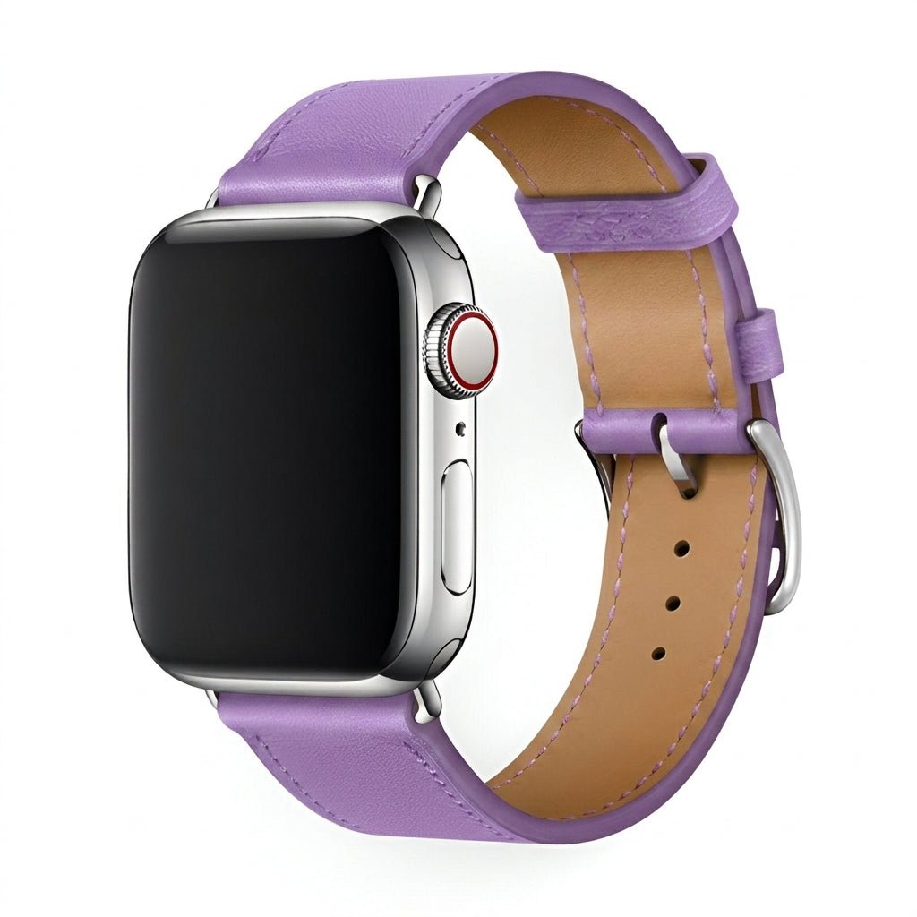 Correa de Apple Watch en piel de becerro afelpada, costuras a contraste, cierre de hebilla, modelo Krynn