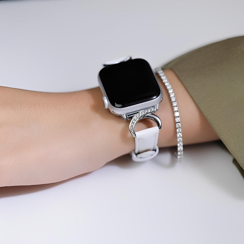 Correa elegante de cuero split para Apple Watch, hebilla en forma de C con strass, estilo refinado y femenino, modelo Ozinda