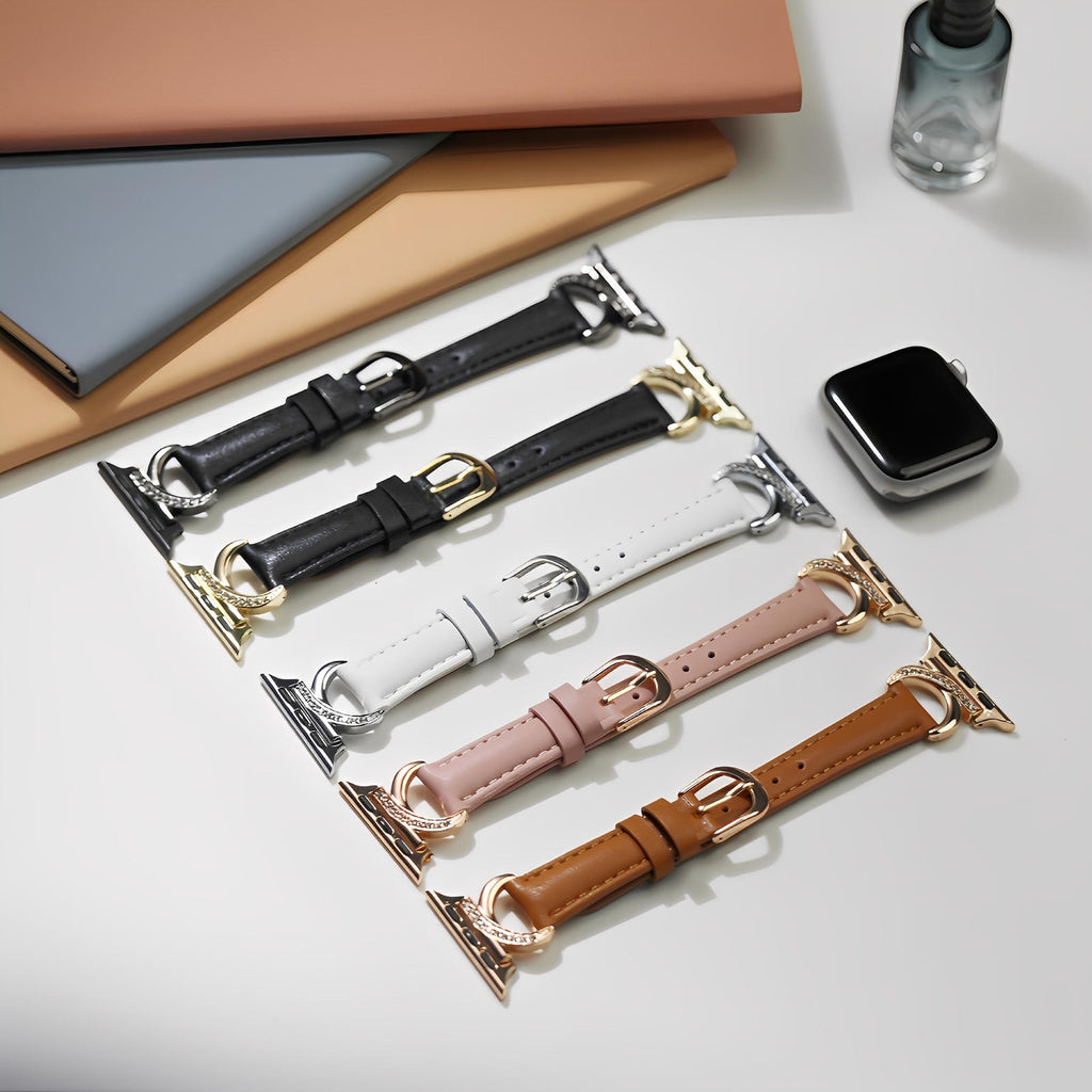 Correa elegante de cuero split para Apple Watch, hebilla en forma de C con strass, estilo refinado y femenino, modelo Ozinda