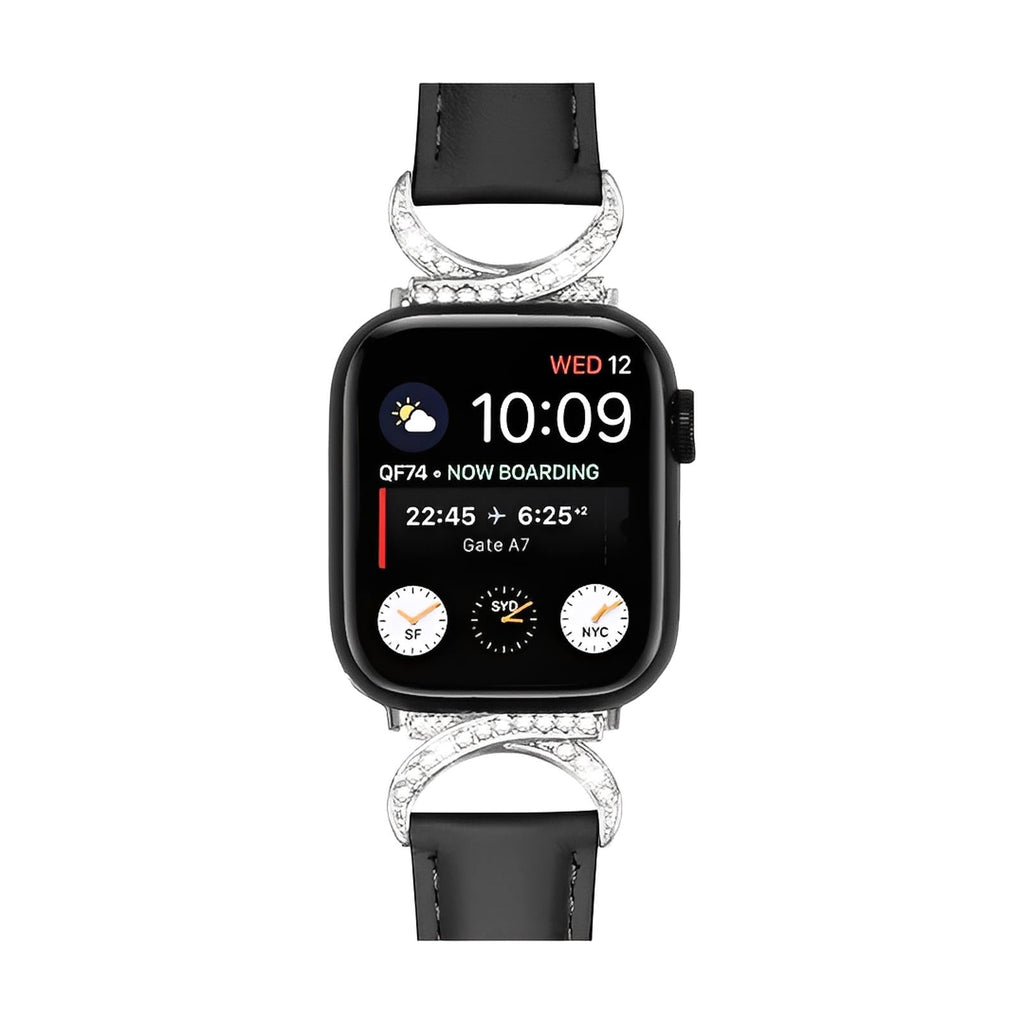 Correa elegante de cuero split para Apple Watch, hebilla en forma de C con strass, estilo refinado y femenino, modelo Ozinda