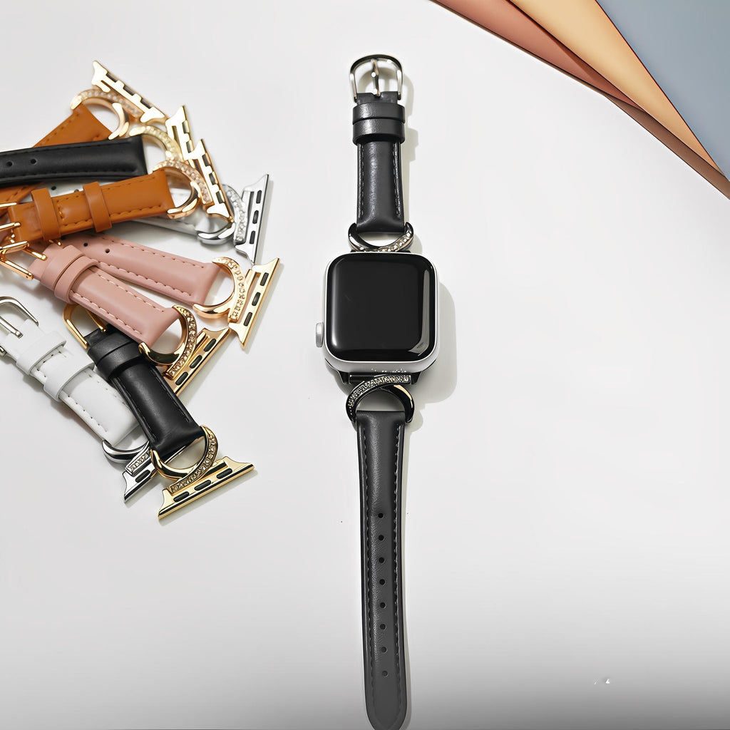Correa elegante de cuero split para Apple Watch, hebilla en forma de C con strass, estilo refinado y femenino, modelo Ozinda