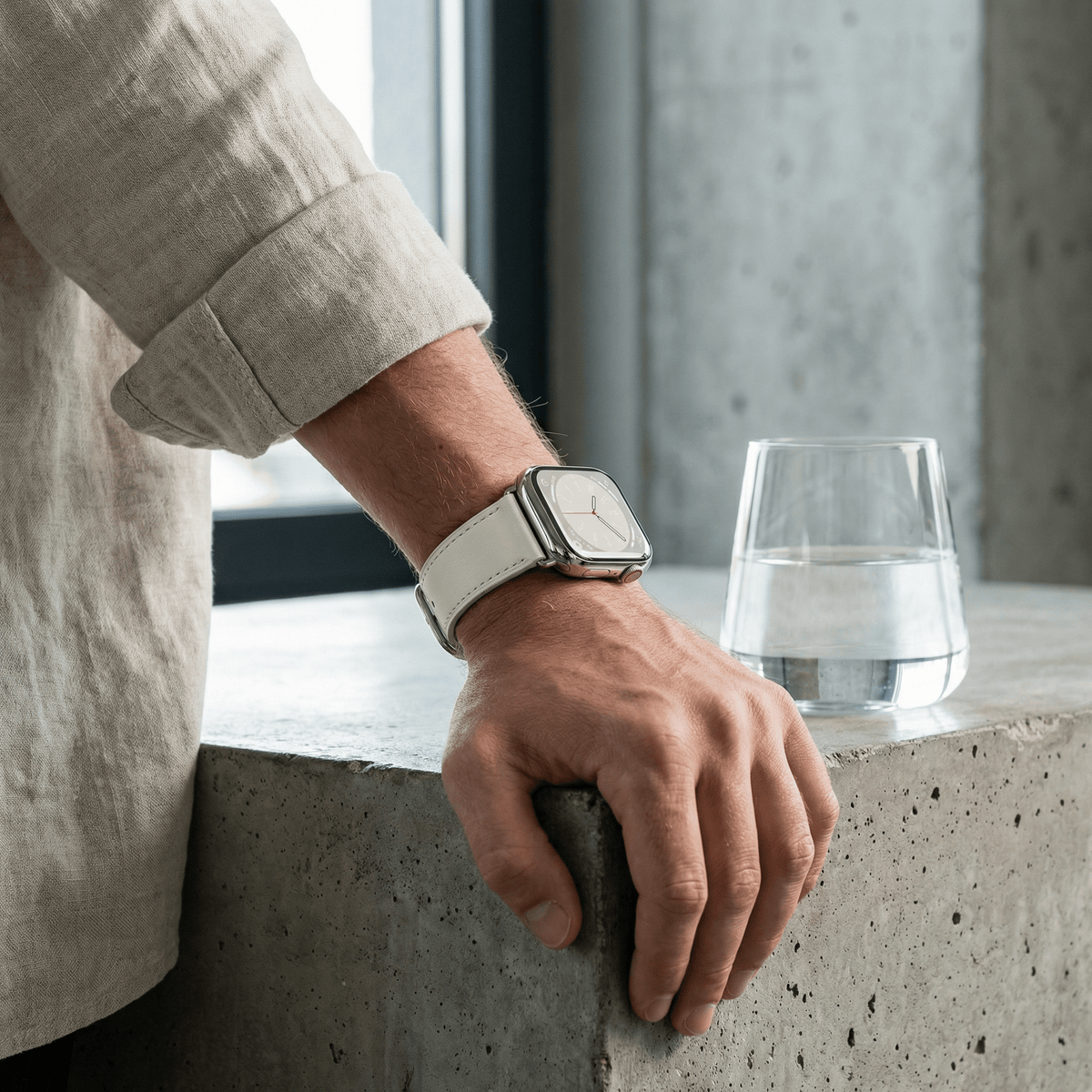 Correa de Apple Watch en piel de becerro afelpada, costuras a contraste, cierre de hebilla, modelo Krynn
