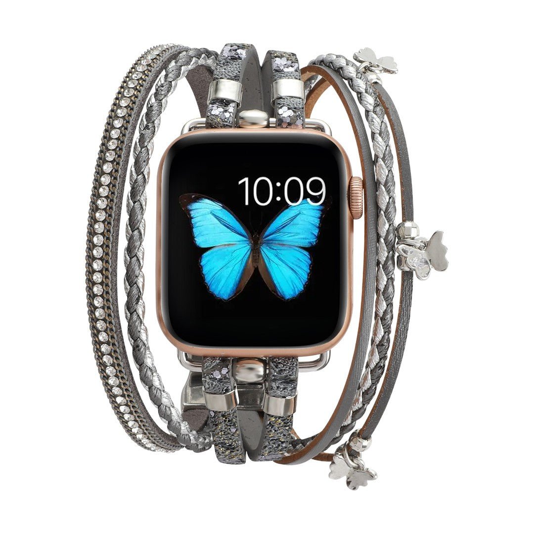Correa Apple Watch multihilo, charms de mariposas y strass, para mujer, modelo Papilla