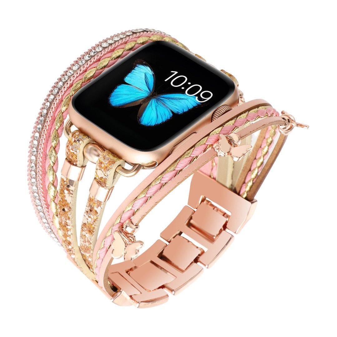 Correa Apple Watch multihilo, charms de mariposas y strass, para mujer, modelo Papilla