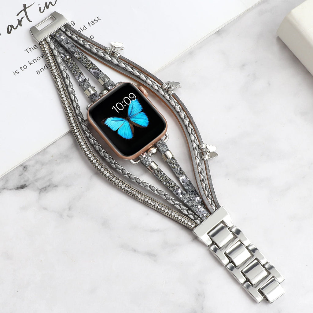 Correa Apple Watch multihilo, charms de mariposas y strass, para mujer, modelo Papilla