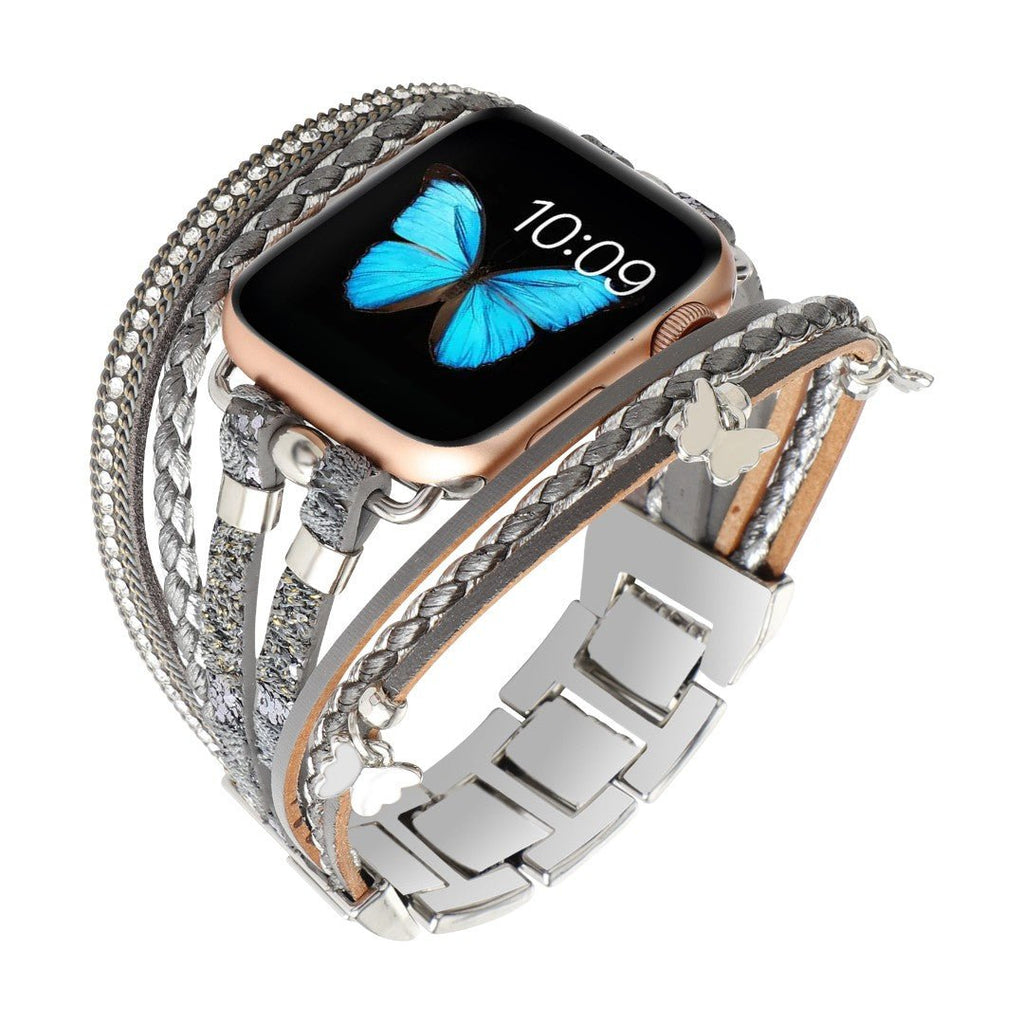 Correa Apple Watch multihilo, charms de mariposas y strass, para mujer, modelo Papilla