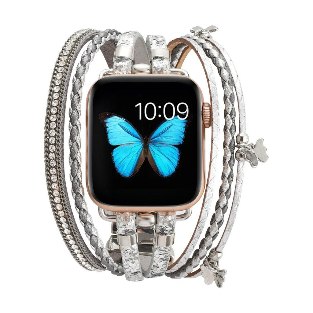 Correa Apple Watch multihilo, charms de mariposas y strass, para mujer, modelo Papilla