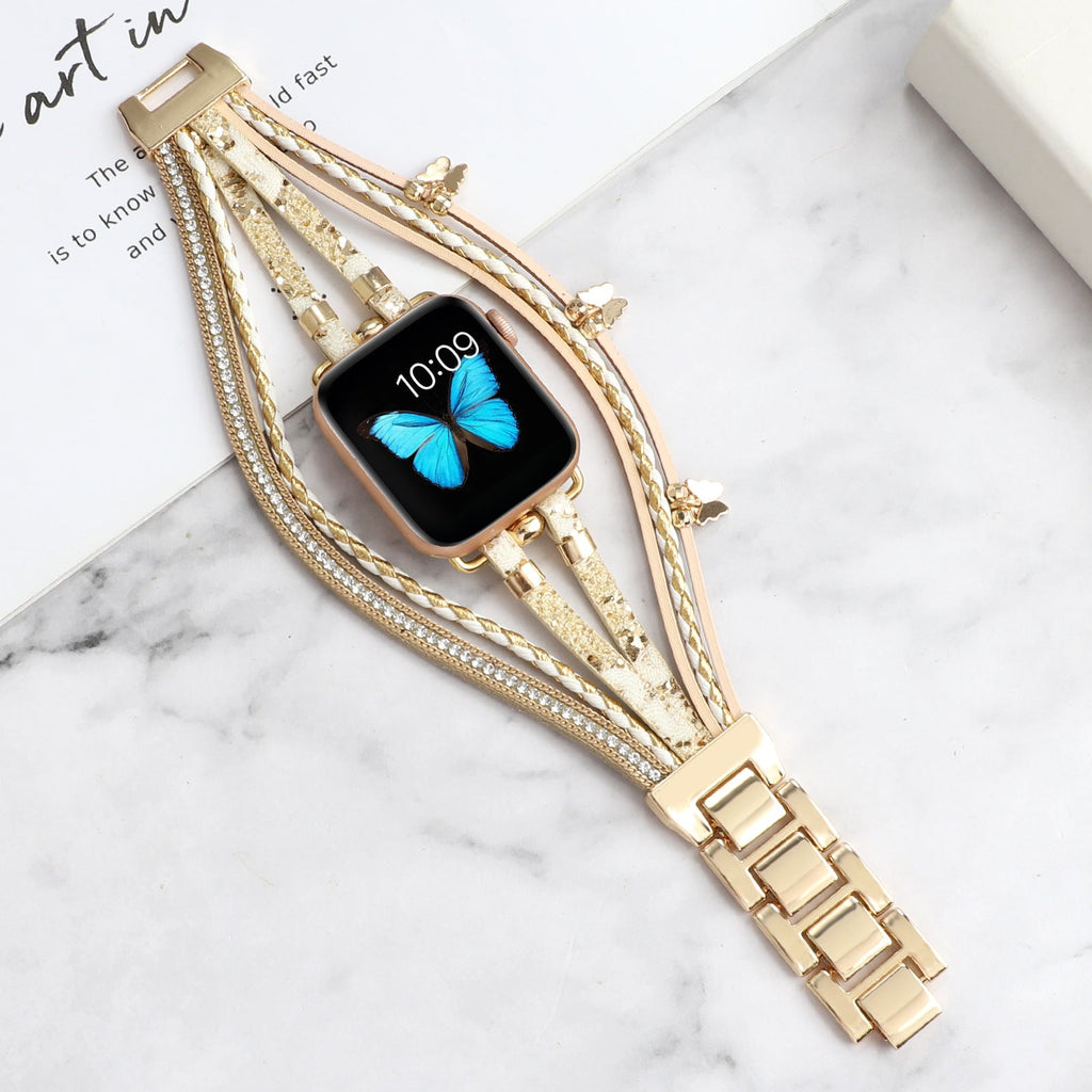 Correa Apple Watch multihilo, charms de mariposas y strass, para mujer, modelo Papilla