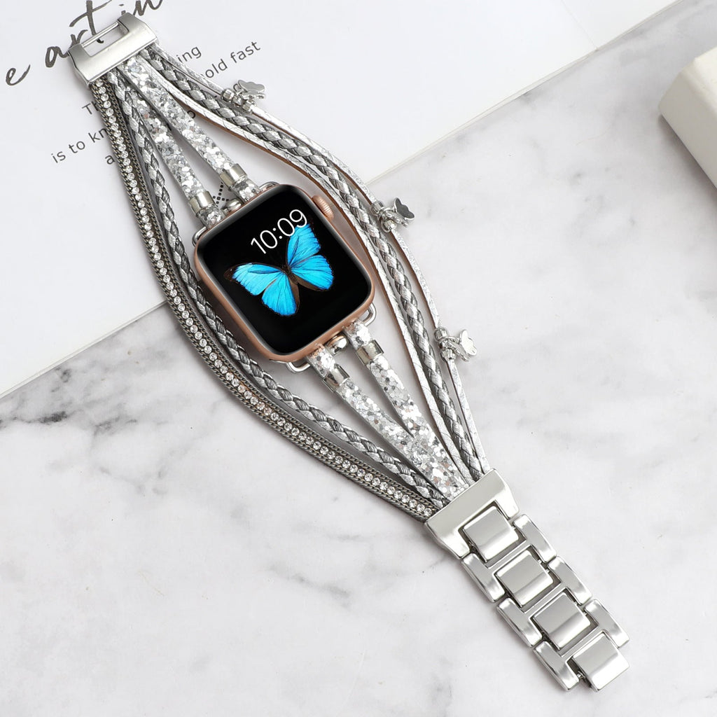 Correa Apple Watch multihilo, charms de mariposas y strass, para mujer, modelo Papilla
