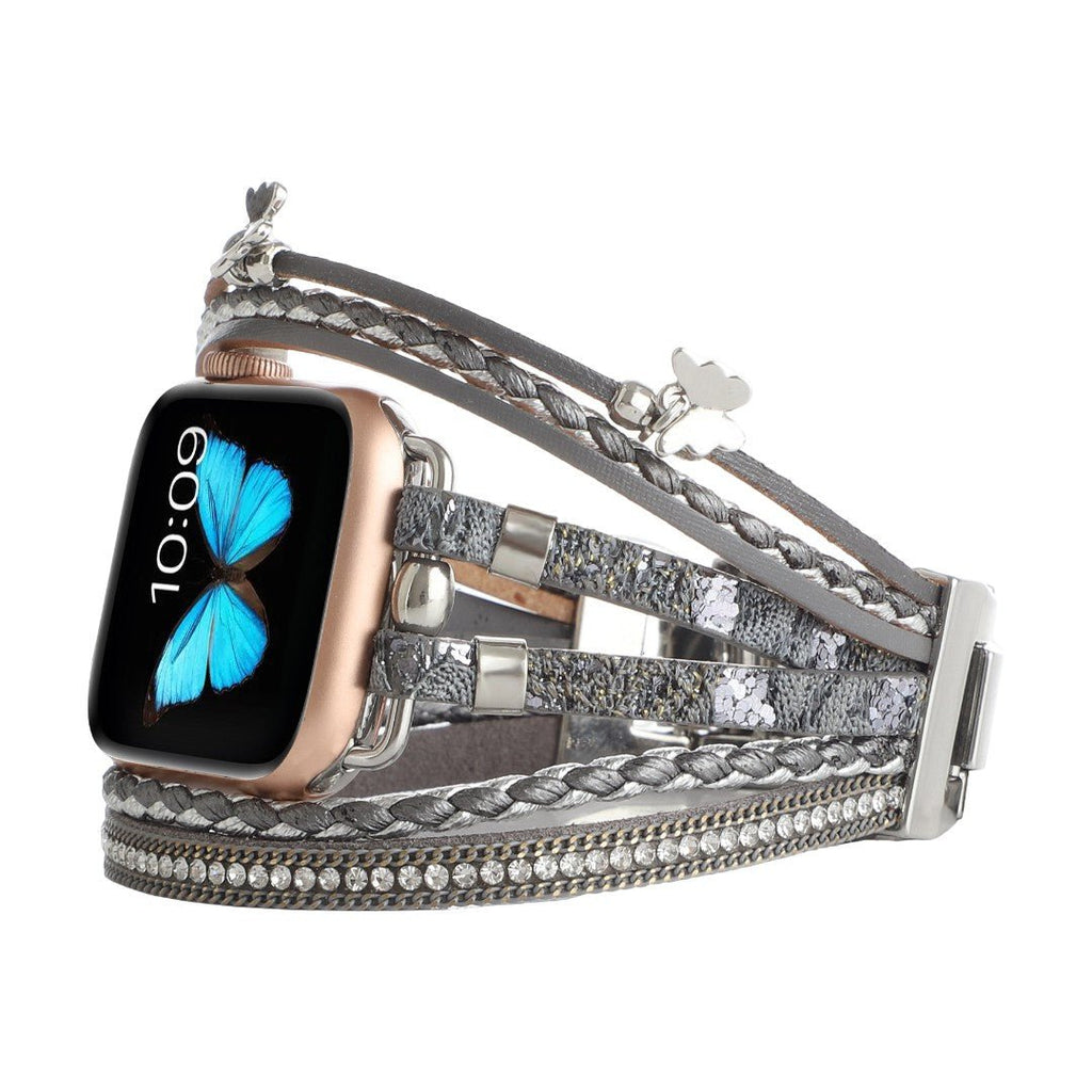 Correa Apple Watch multihilo, charms de mariposas y strass, para mujer, modelo Papilla