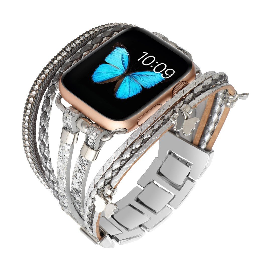 Correa Apple Watch multihilo, charms de mariposas y strass, para mujer, modelo Papilla