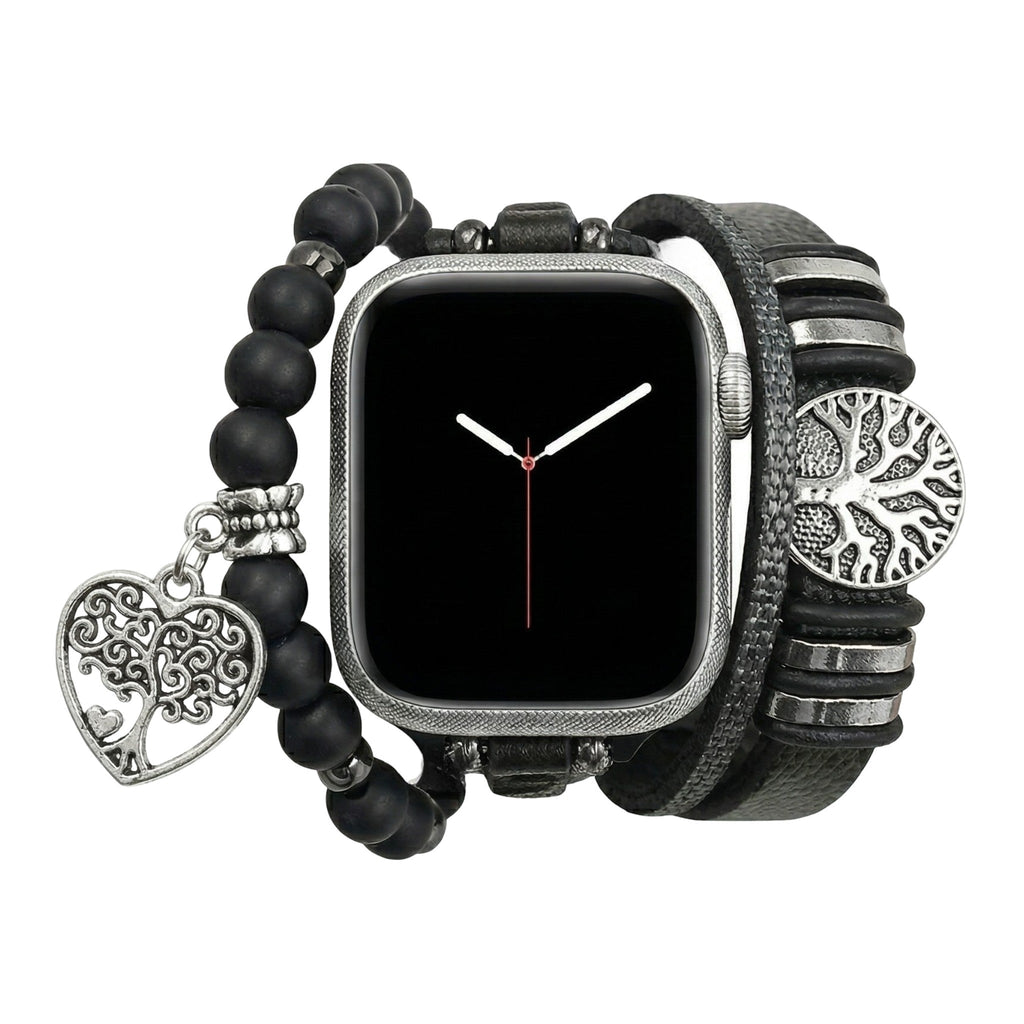 Correa Apple Watch de cuero (crosta), cuentas de ónix negro, motivo árbol de la vida, cierre ajustable, accesorio unisex, modelo Aristide