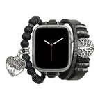 Correa Apple Watch de cuero (crosta), cuentas de ónix negro, motivo árbol de la vida, cierre ajustable, accesorio unisex, modelo Aristide