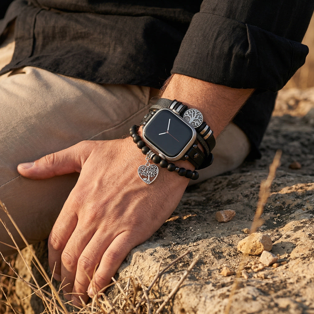 Correa Apple Watch de cuero (crosta), cuentas de ónix negro, motivo árbol de la vida, cierre ajustable, accesorio unisex, modelo Aristide