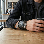 Correa Apple Watch de cuero (crosta), cuentas de ónix negro, motivo árbol de la vida, cierre ajustable, accesorio unisex, modelo Aristide