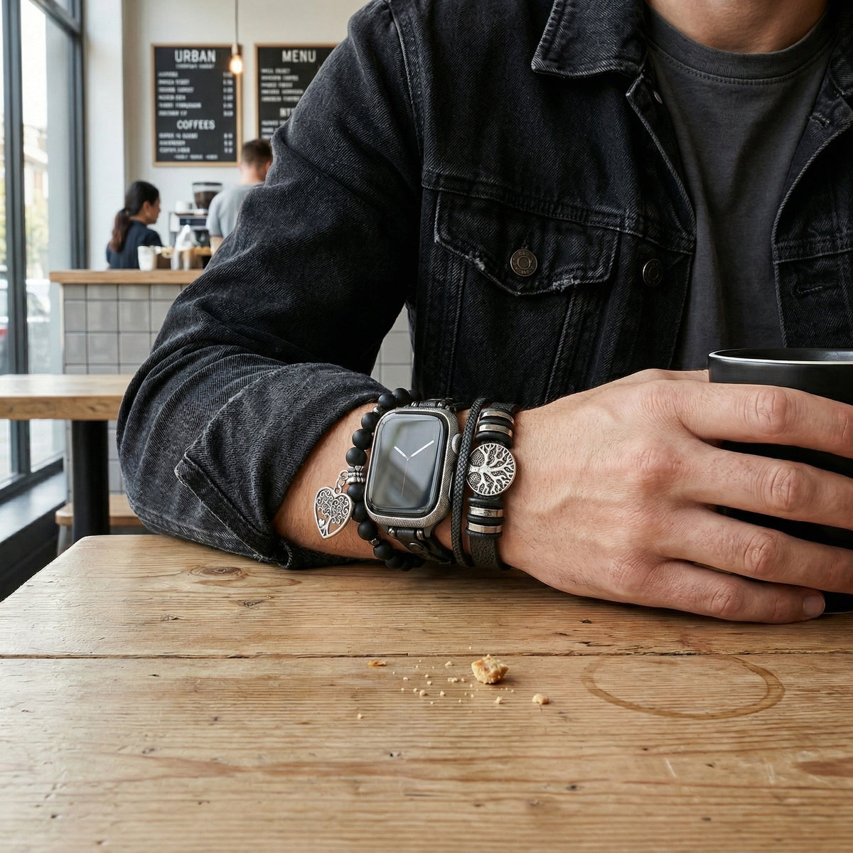 Correa Apple Watch de cuero (crosta), cuentas de ónix negro, motivo árbol de la vida, cierre ajustable, accesorio unisex, modelo Aristide