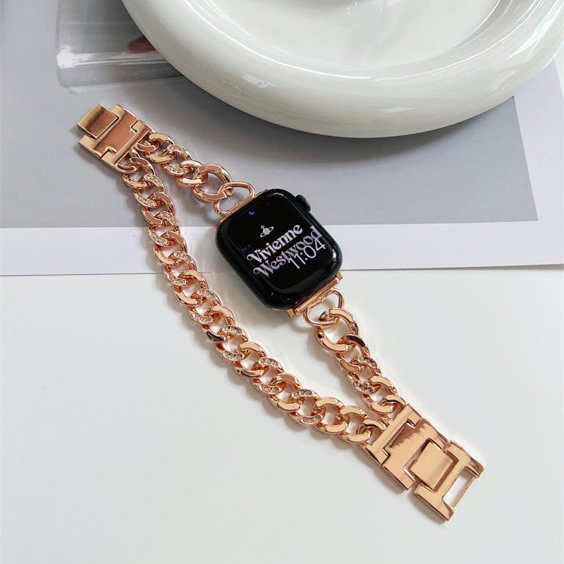 Correa Apple Watch de malla cubana de doble vuelta, con strass incrustados, acabado a elegir, modelo Phipa