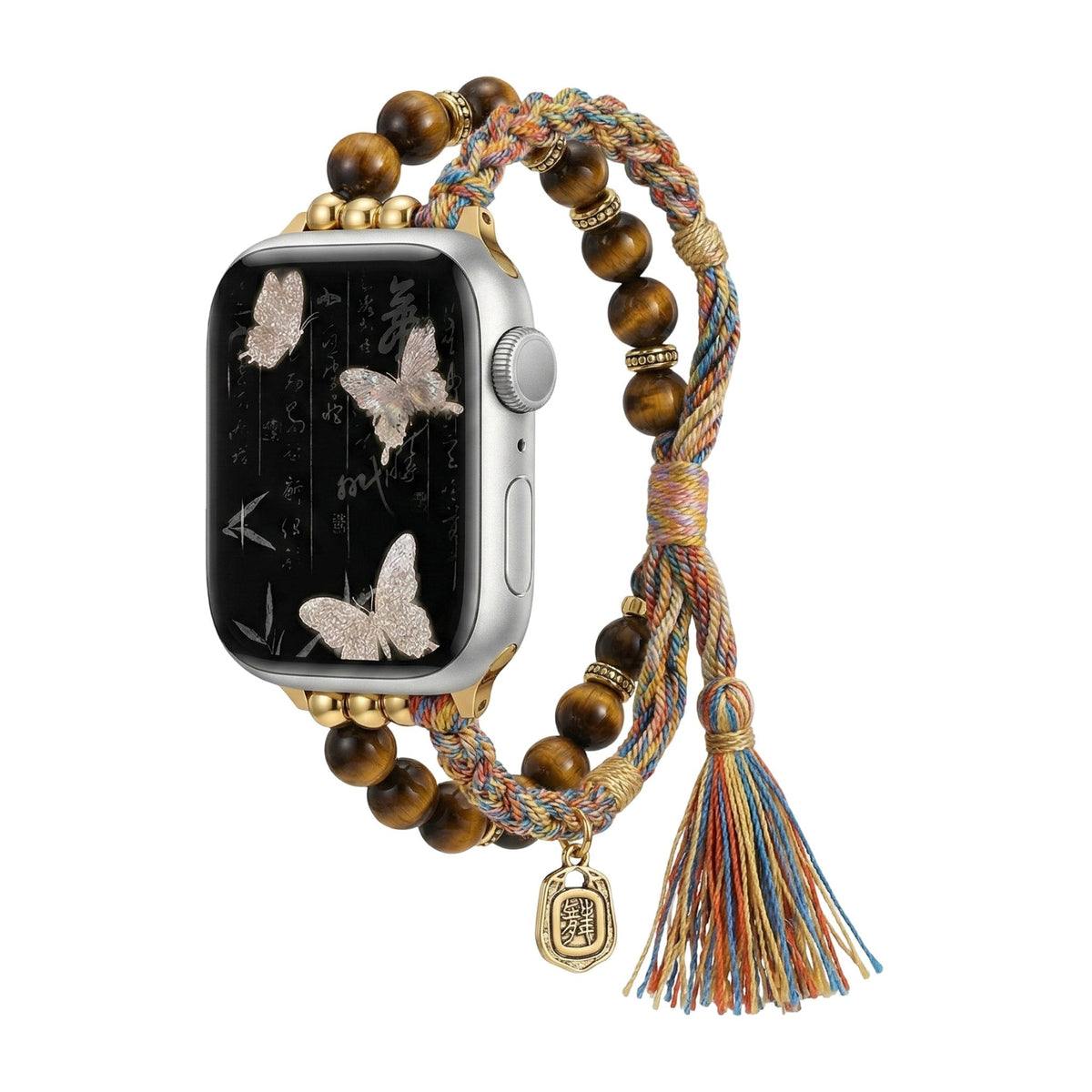 Correa Apple Watch de Ojo de Tigre natural, cordón trenzado multicolor, charms dorados, modelo Tenzin