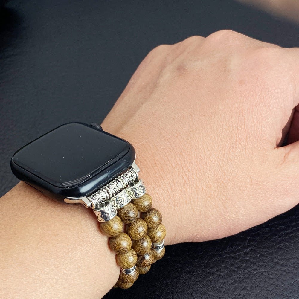 Correa Apple Watch de cuentas de madera, conectores plateados grabados, estilo étnico chic, elástica, modelo Woody