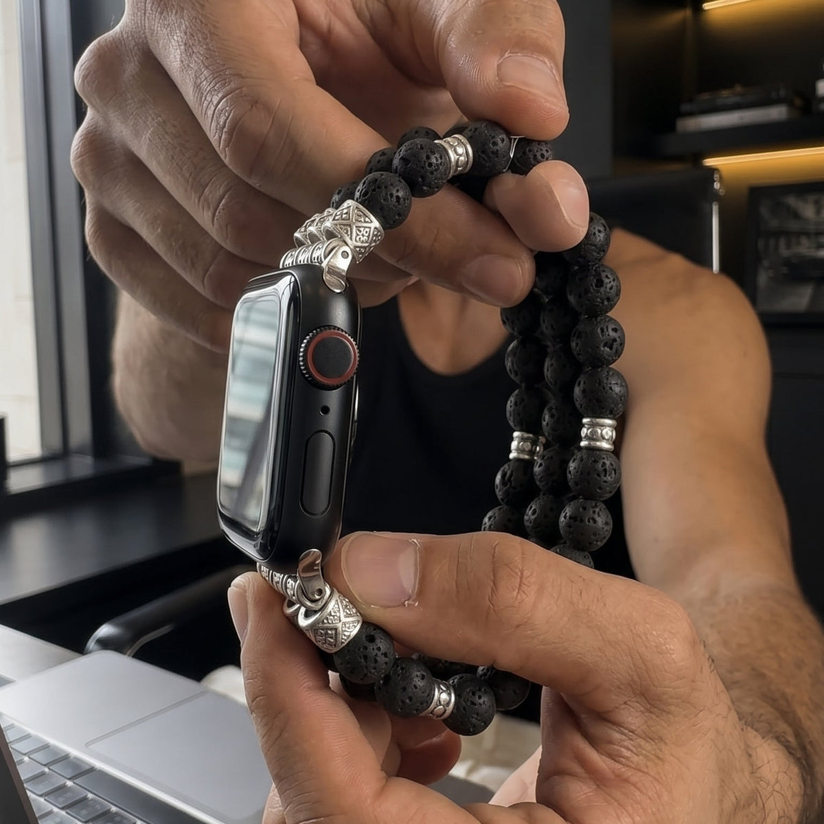 Correa Apple Watch de perlas naturales, piedra volcánica o turquesa, elástica ajustable, estilo bohemio chic, modelo Josin