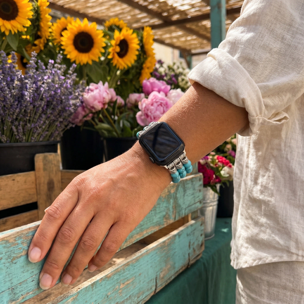 Correa Apple Watch de perlas naturales, piedra volcánica o turquesa, elástica ajustable, estilo bohemio chic, modelo Josin