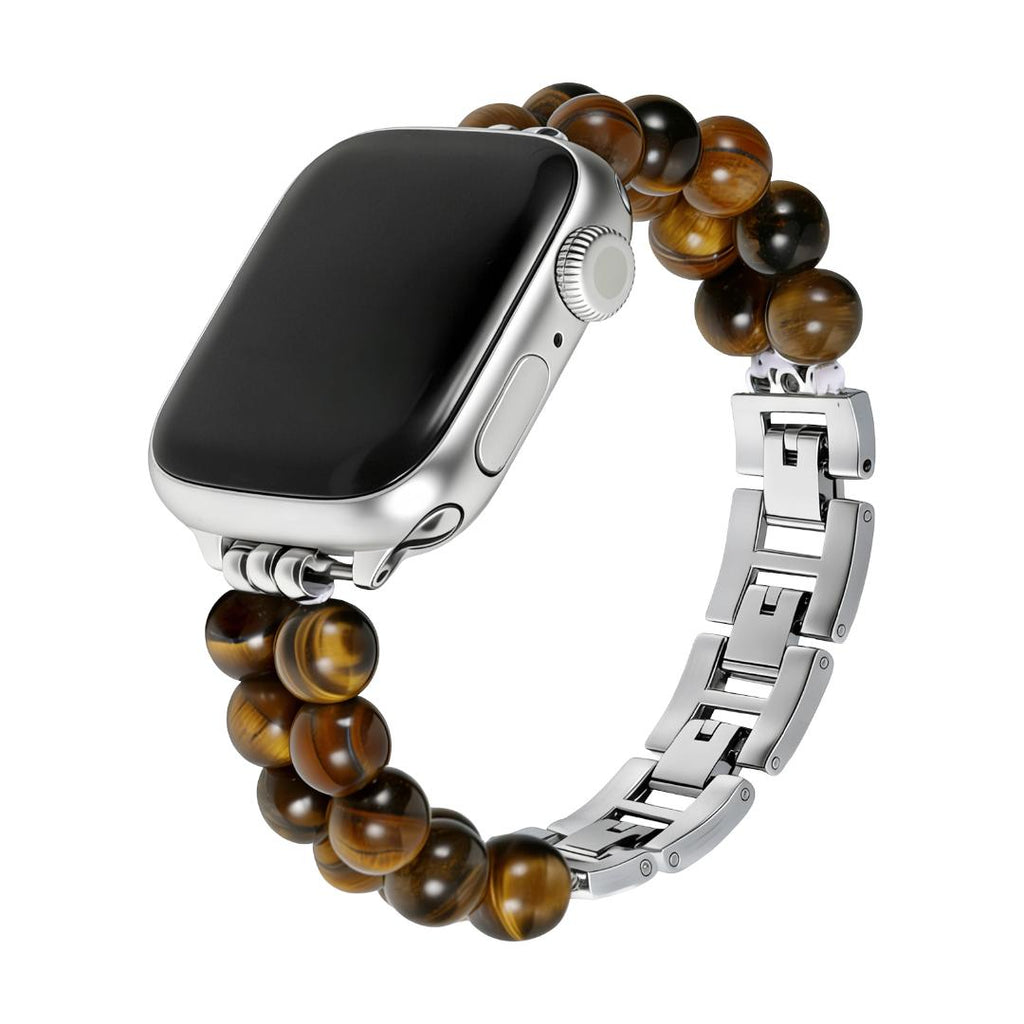 Correa Apple Watch de piedras naturales, doble hilera de perlas, eslabones metálicos, modelo Spedzire