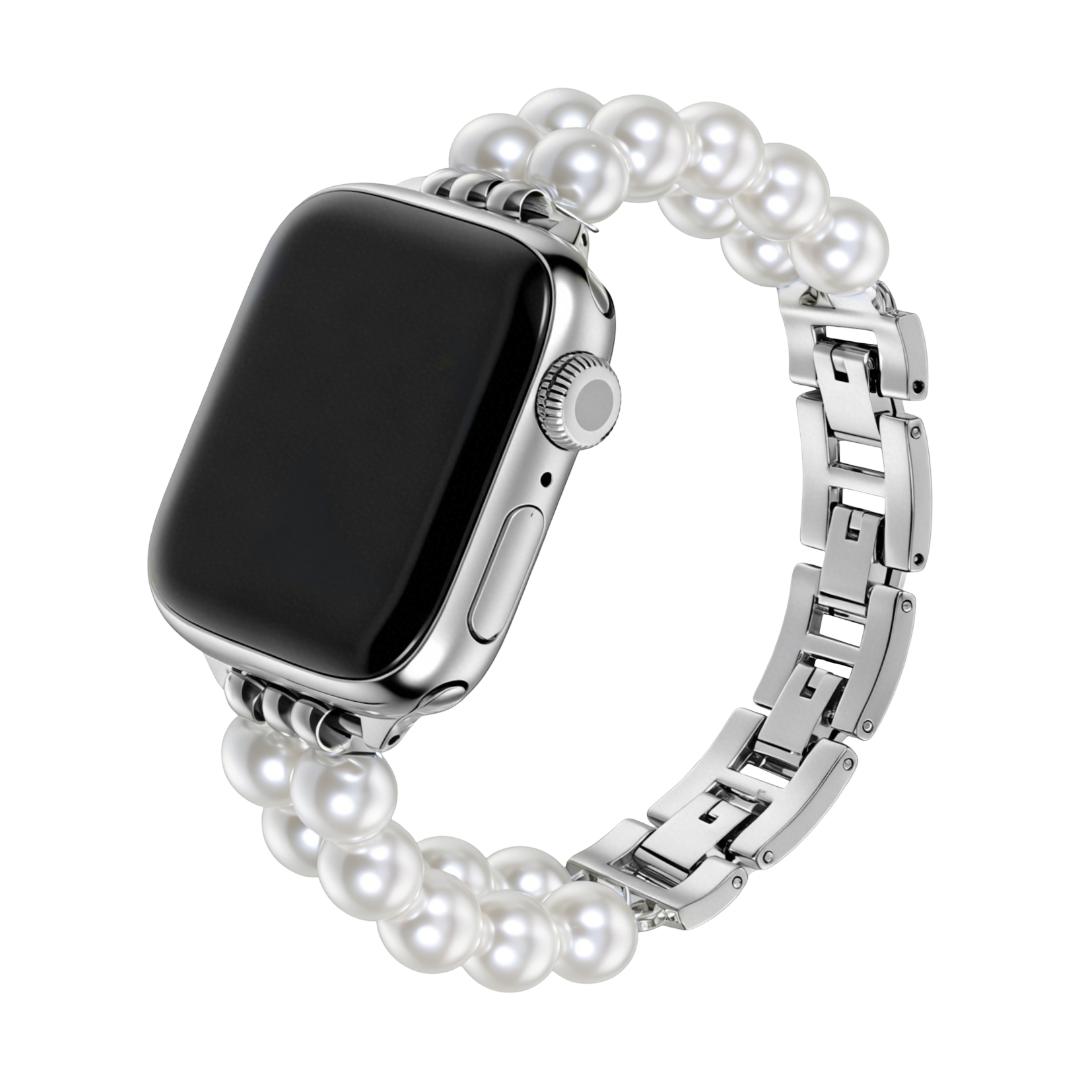 Correa Apple Watch de piedras naturales, doble hilera de perlas, eslabones metálicos, modelo Spedzire