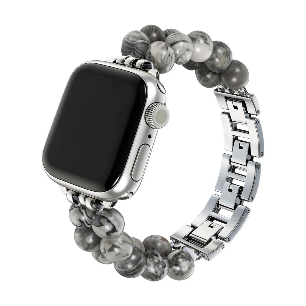 Correa Apple Watch de piedras naturales, doble hilera de perlas, eslabones metálicos, modelo Spedzire