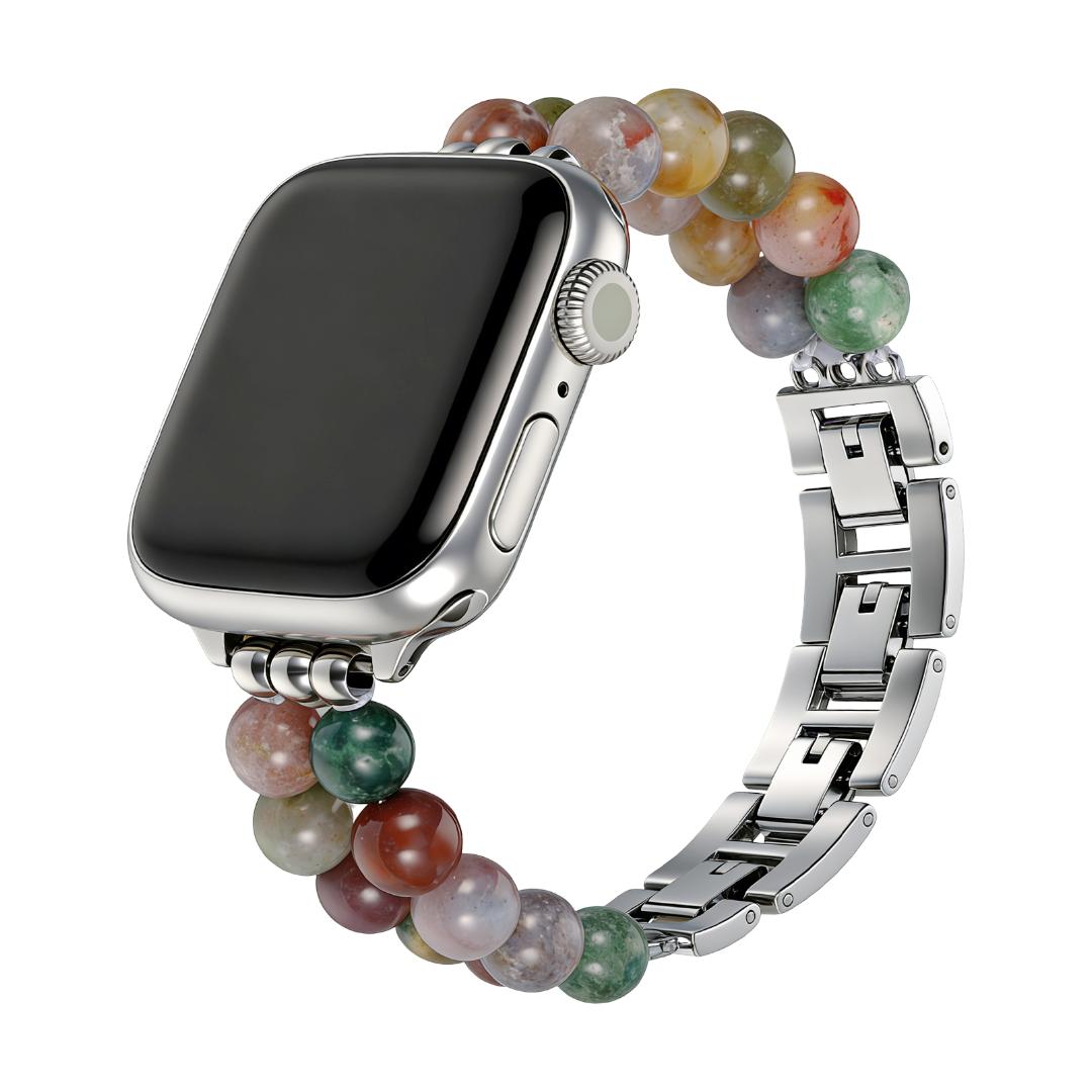 Correa Apple Watch de piedras naturales, doble hilera de perlas, eslabones metálicos, modelo Spedzire