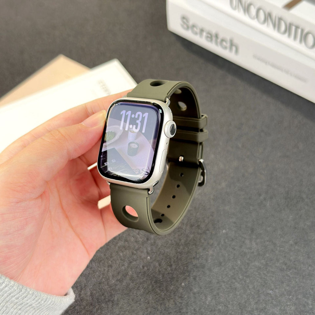 Correa de silicona perforada para Apple Watch, diseño transpirable, cierre de acero inoxidable, estilo dinámico, modelo Harténie