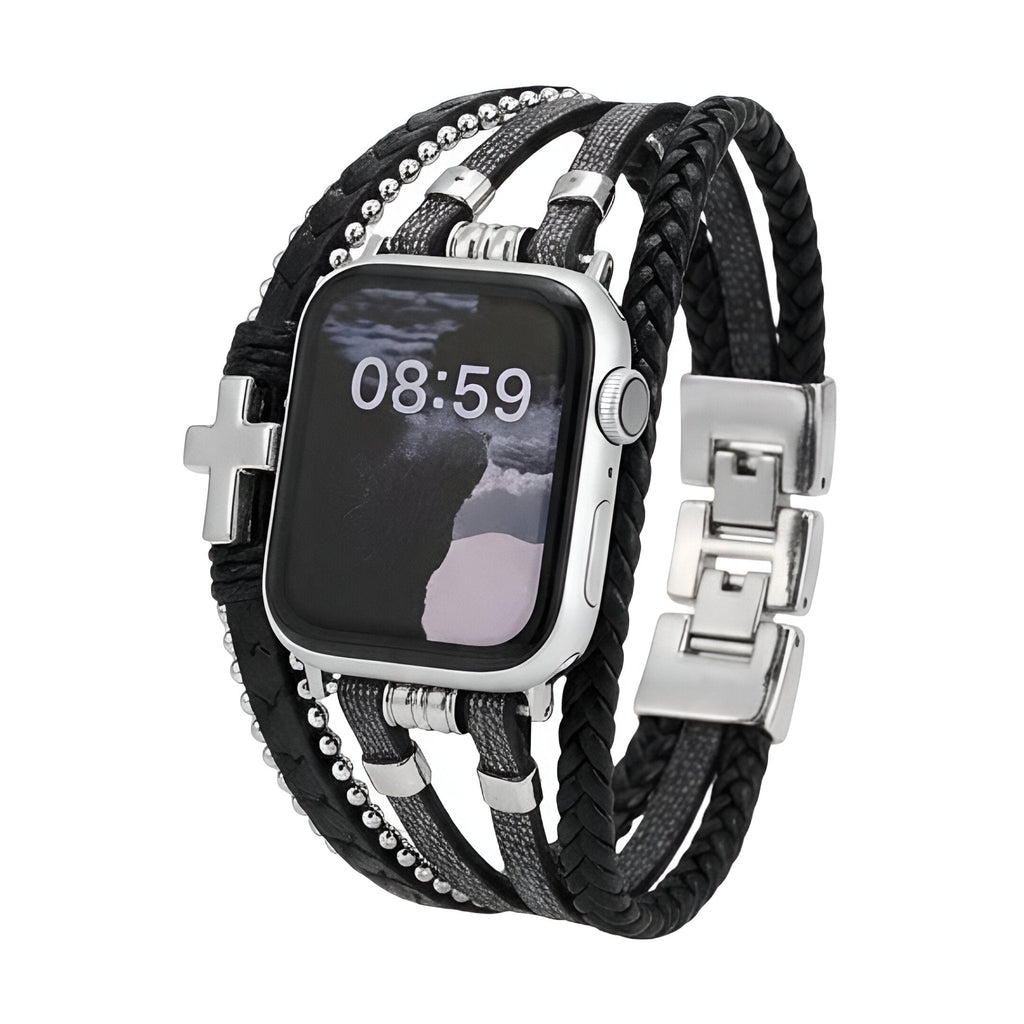 Correa Apple Watch de piel vegana trenzada, multivuelta con cruz metálica, look atrevido y moderno, modelo Daxo