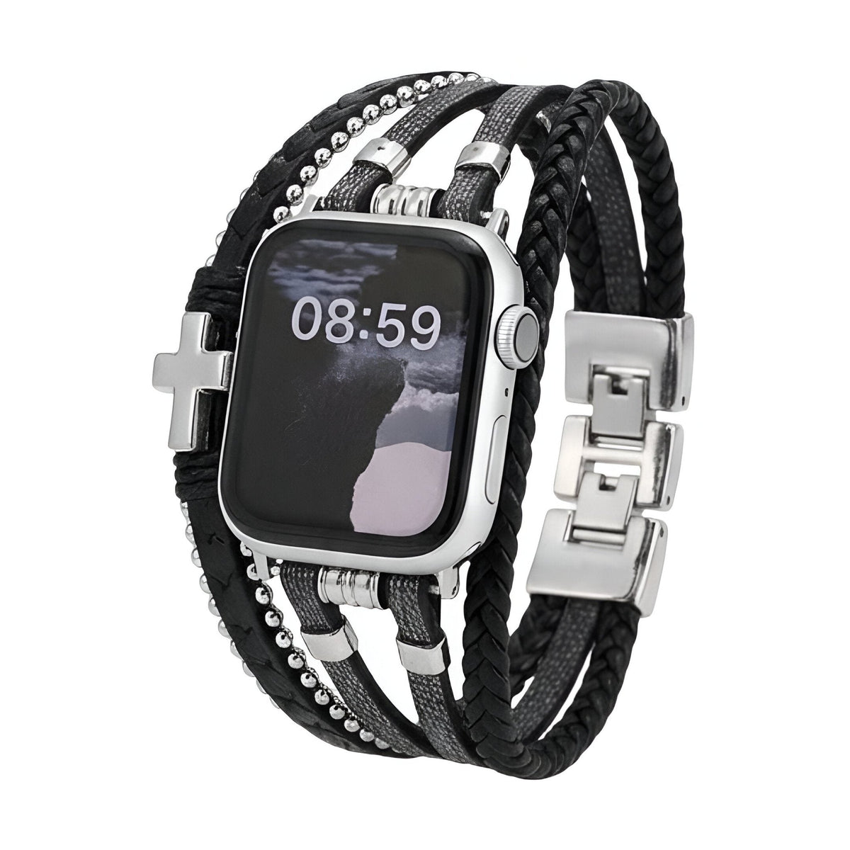 Correa Apple Watch de piel vegana trenzada, multivuelta con cruz metálica, look atrevido y moderno, modelo Daxo
