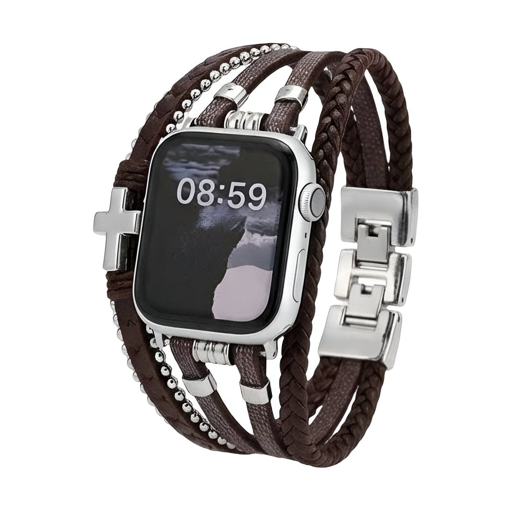 Correa Apple Watch de piel vegana trenzada, multivuelta con cruz metálica, look atrevido y moderno, modelo Daxo