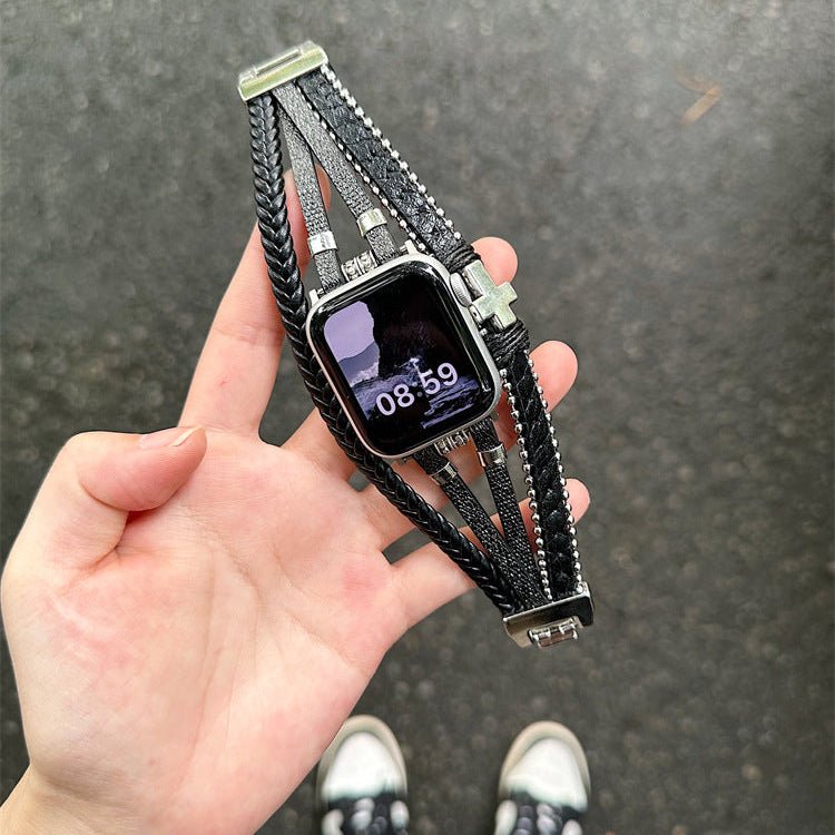 Correa Apple Watch de piel vegana trenzada, multivuelta con cruz metálica, look atrevido y moderno, modelo Daxo