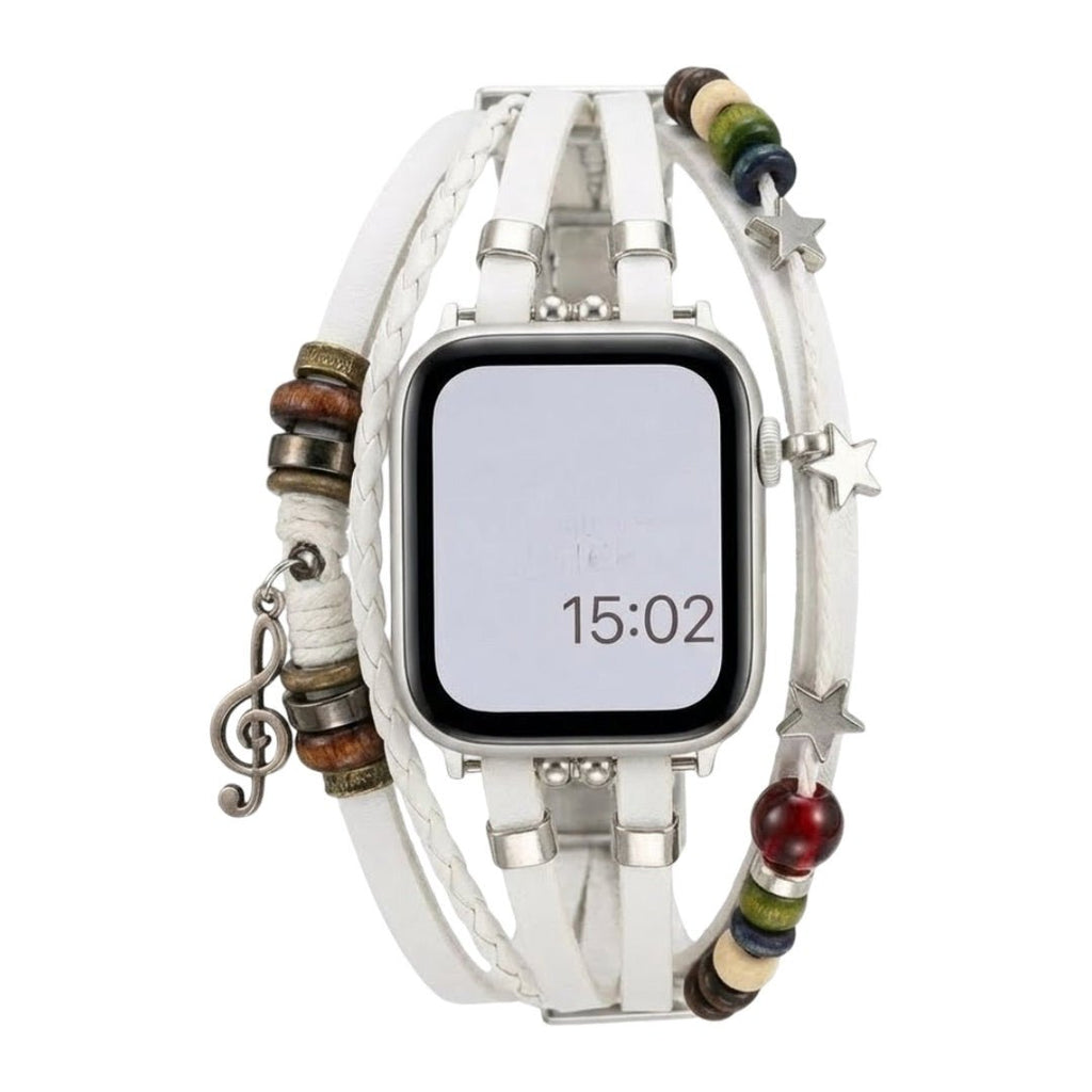 Correa Apple Watch de piel vegana trenzada, perlas de fantasía y colgante musical, diseño boho chic, cierre de acero, modelo Bobbie