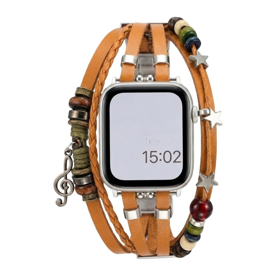Correa Apple Watch de piel vegana trenzada, perlas de fantasía y colgante musical, diseño boho chic, cierre de acero, modelo Bobbie
