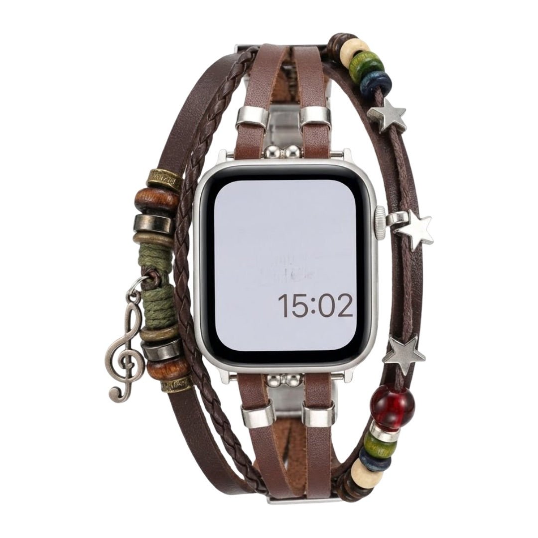 Correa Apple Watch de piel vegana trenzada, perlas de fantasía y colgante musical, diseño boho chic, cierre de acero, modelo Bobbie