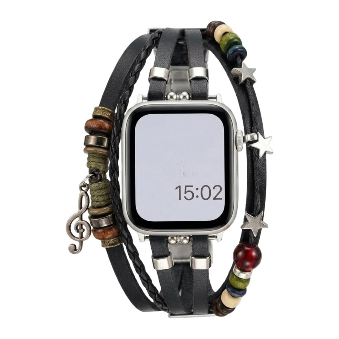 Correa Apple Watch de piel vegana trenzada, perlas de fantasía y colgante musical, diseño boho chic, cierre de acero, modelo Bobbie