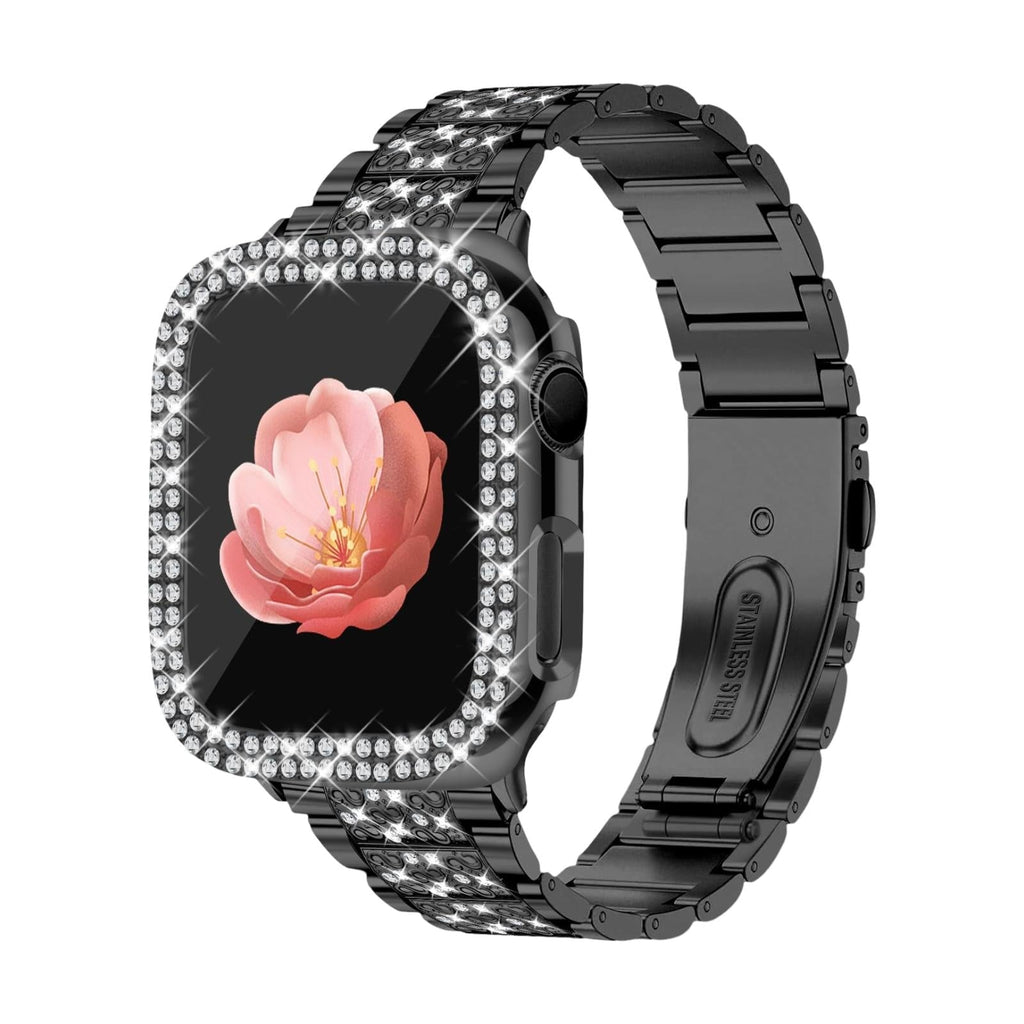 Correa Apple Watch para mujer, acero inoxidable, strass brillantes, funda protectora integrada, eslabones ajustables, modelo Stracha
