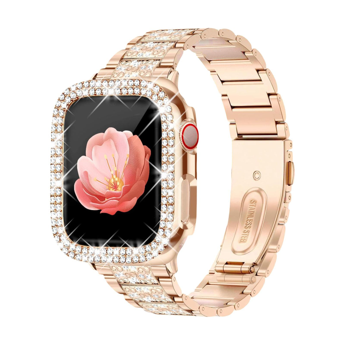 Correa Apple Watch para mujer, acero inoxidable, strass brillantes, funda protectora integrada, eslabones ajustables, modelo Stracha
