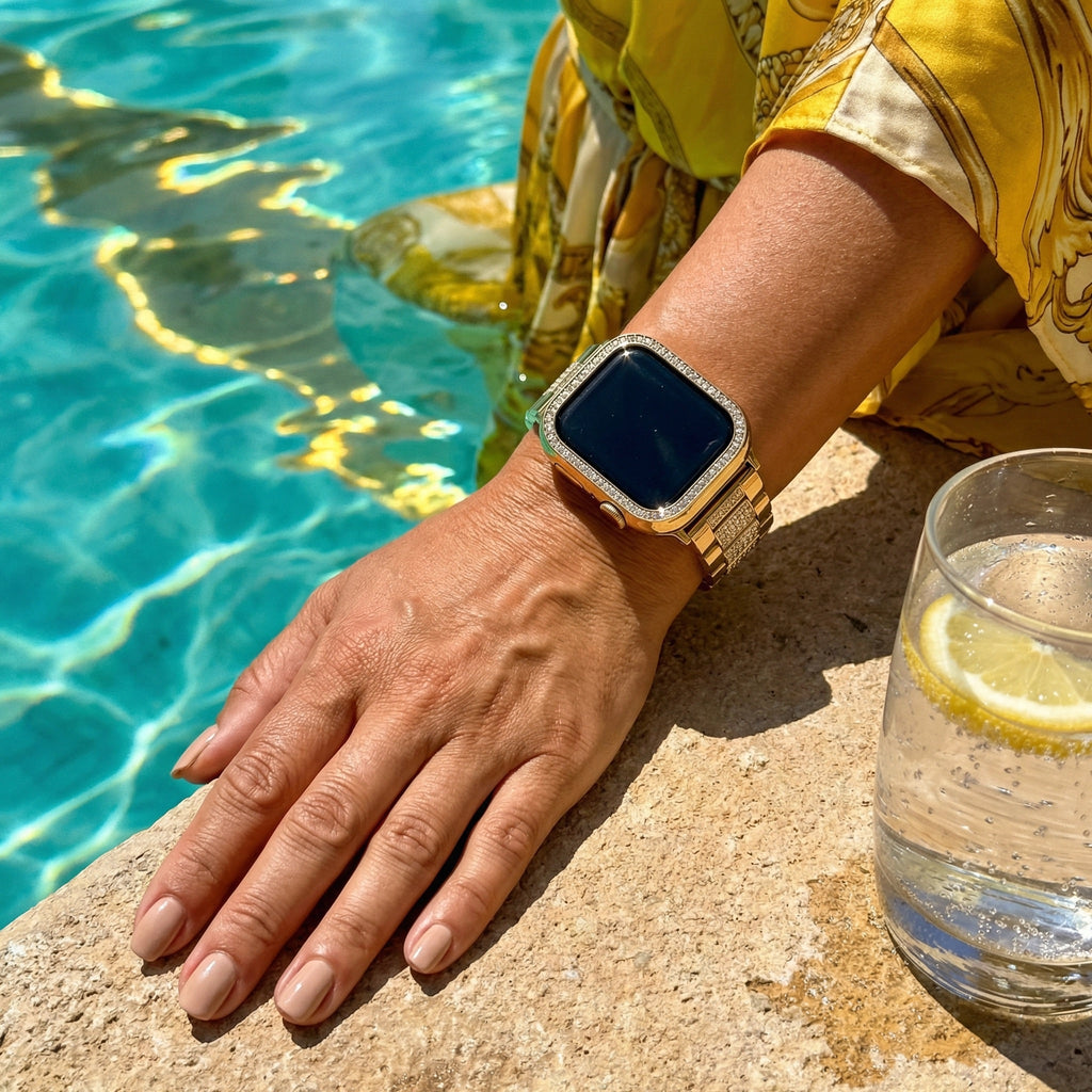 Correa Apple Watch para mujer, acero inoxidable, strass brillantes, funda protectora integrada, eslabones ajustables, modelo Stracha