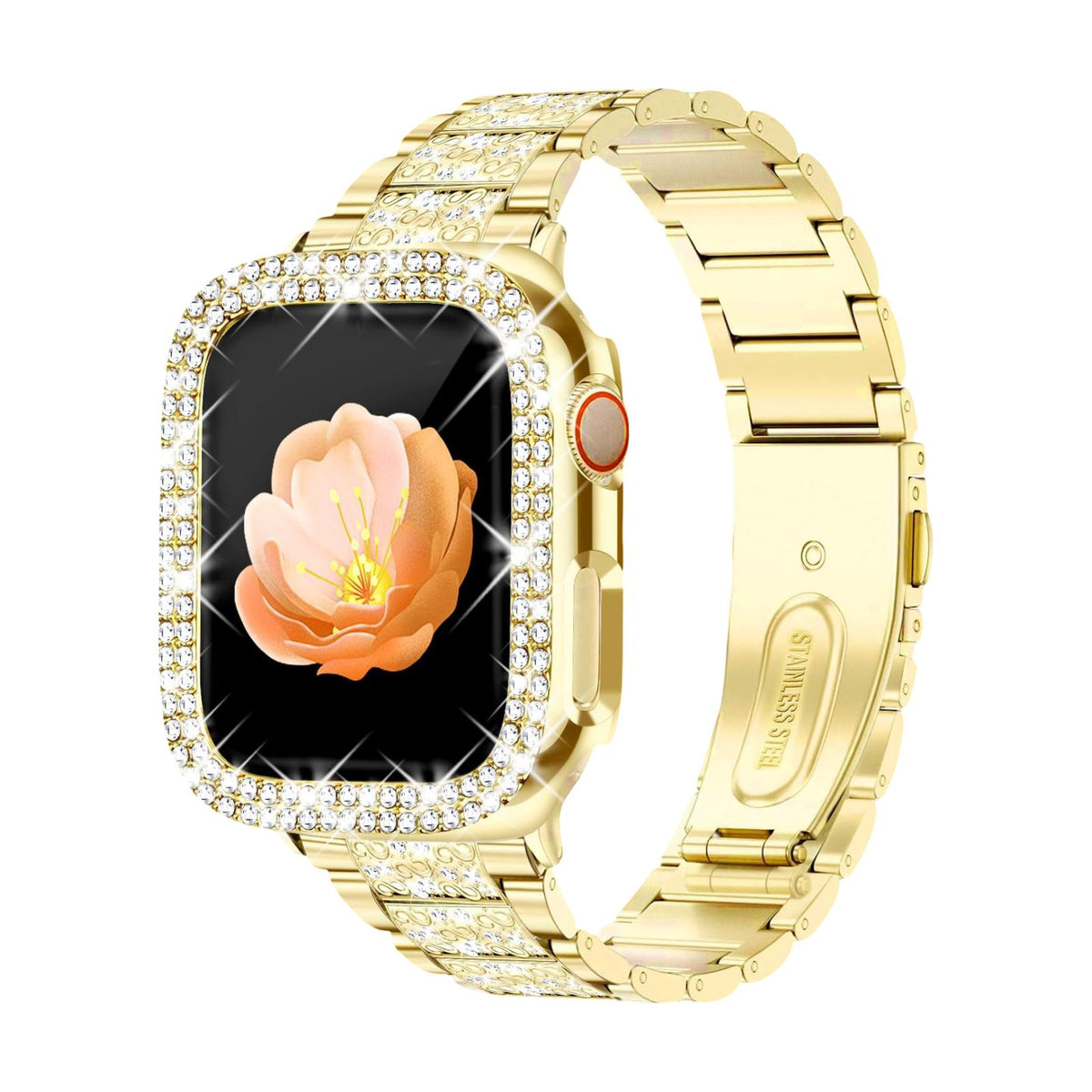 Correa Apple Watch para mujer, acero inoxidable, strass brillantes, funda protectora integrada, eslabones ajustables, modelo Stracha