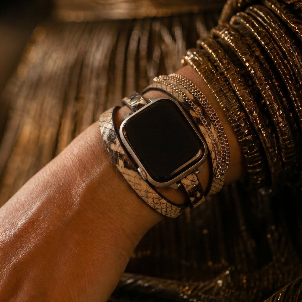 Correa Apple Watch para mujer, serraje con motivo de serpiente, cadenas de acero inoxidable, eslabones ajustables, correa de triple vuelta, modelo Philyra