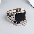 Correa Apple Watch para mujer, serraje con motivo de serpiente, cadenas de acero inoxidable, eslabones ajustables, correa de triple vuelta, modelo Philyra
