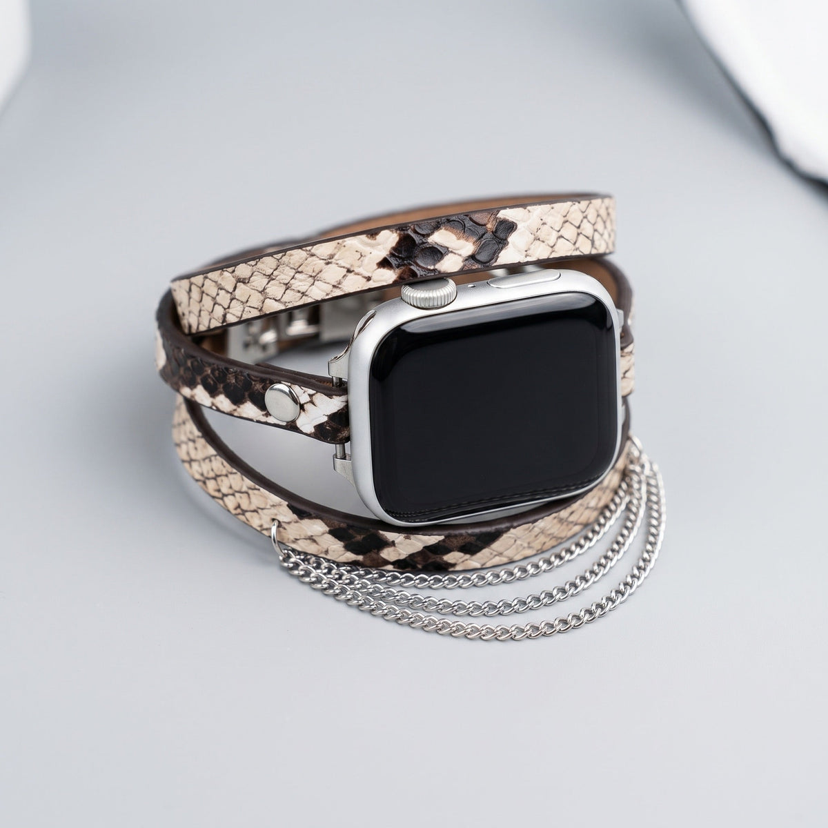 Correa Apple Watch para mujer, serraje con motivo de serpiente, cadenas de acero inoxidable, eslabones ajustables, correa de triple vuelta, modelo Philyra