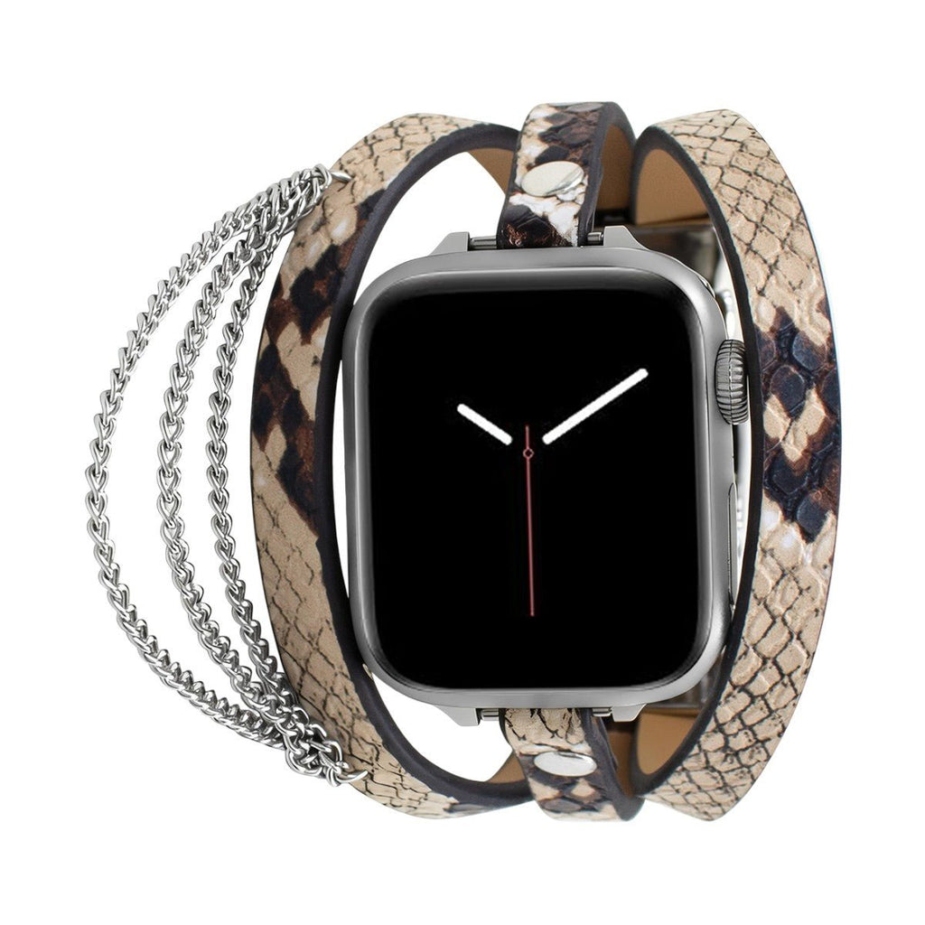 Correa Apple Watch para mujer, serraje con motivo de serpiente, cadenas de acero inoxidable, eslabones ajustables, correa de triple vuelta, modelo Philyra