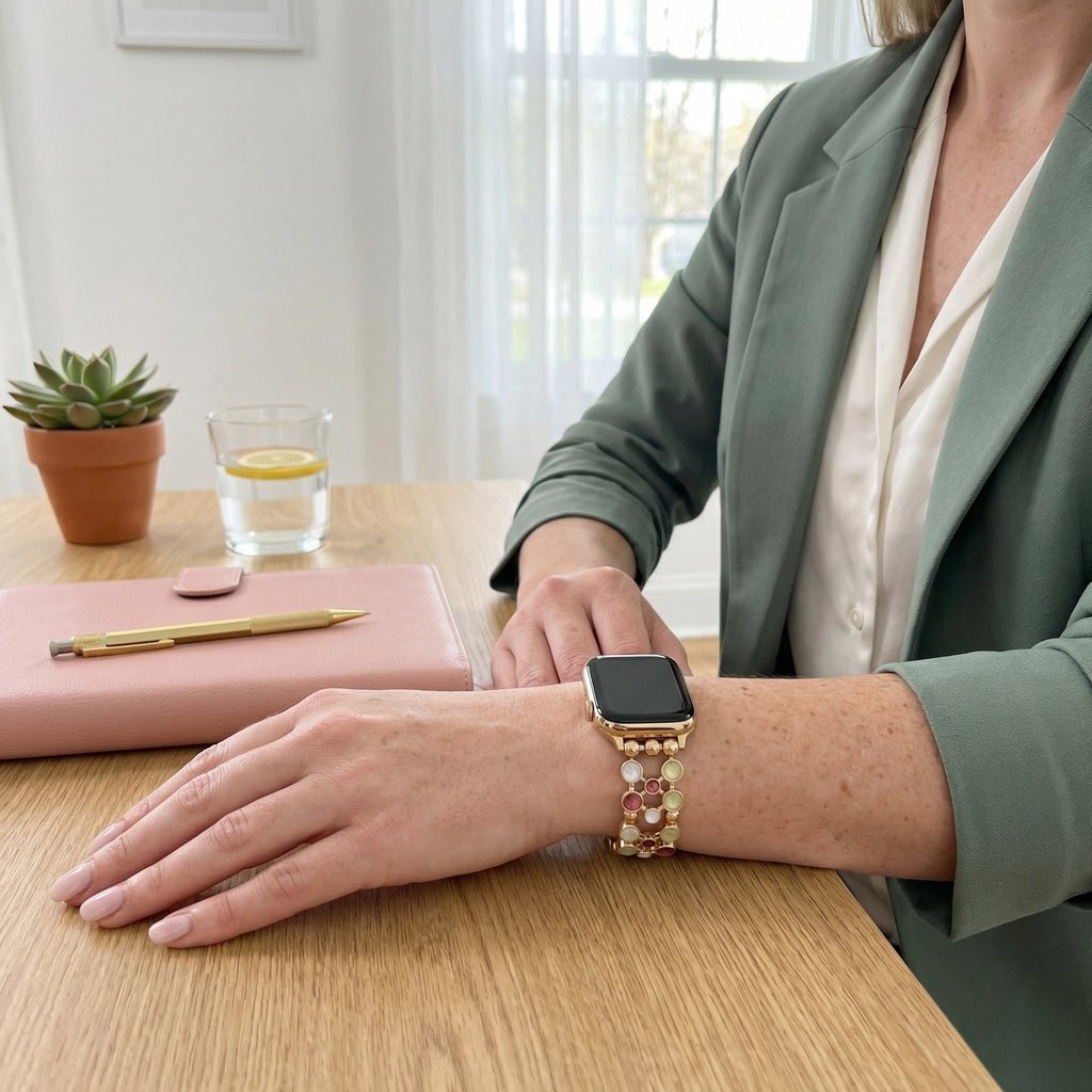 Correa Apple Watch de eslabones dorados y cabuchones esmaltados multicolor, para mujer, modelo Bestine